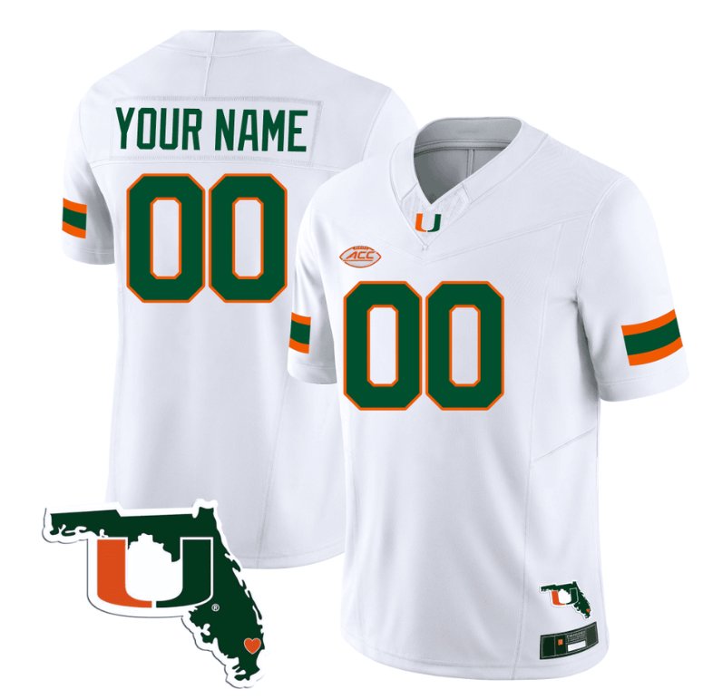 Men's Adidas Custom Miami Hurricanes Jersey Name and Number Florida Map College Football Stitched White