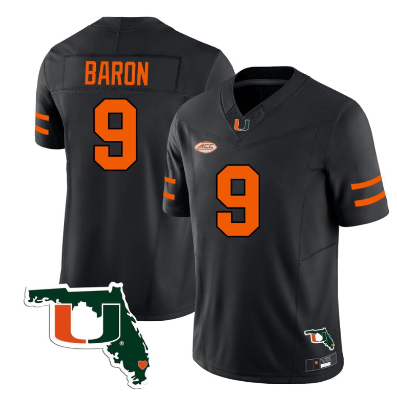 Men's Adidas Tyler Baron Jersey #9 Miami Hurricanes Florida Map College Football Stitched Black