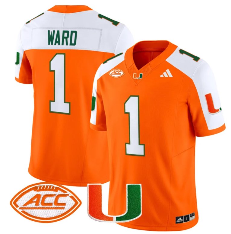 Men's Adidas Cam Ward Jersey #1 Miami Hurricanes Vapor Football Stitched Orange Alternate