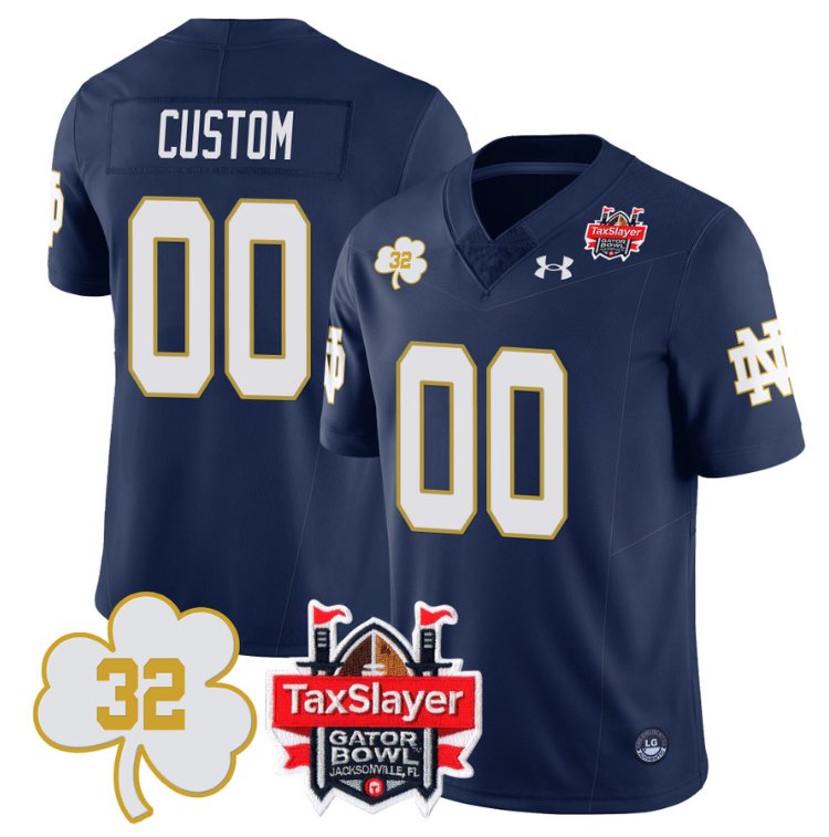 Men's Custom Notre Dame Fighting Irish Jersey Name, Number TaxSlayer Gator Bowl Navy