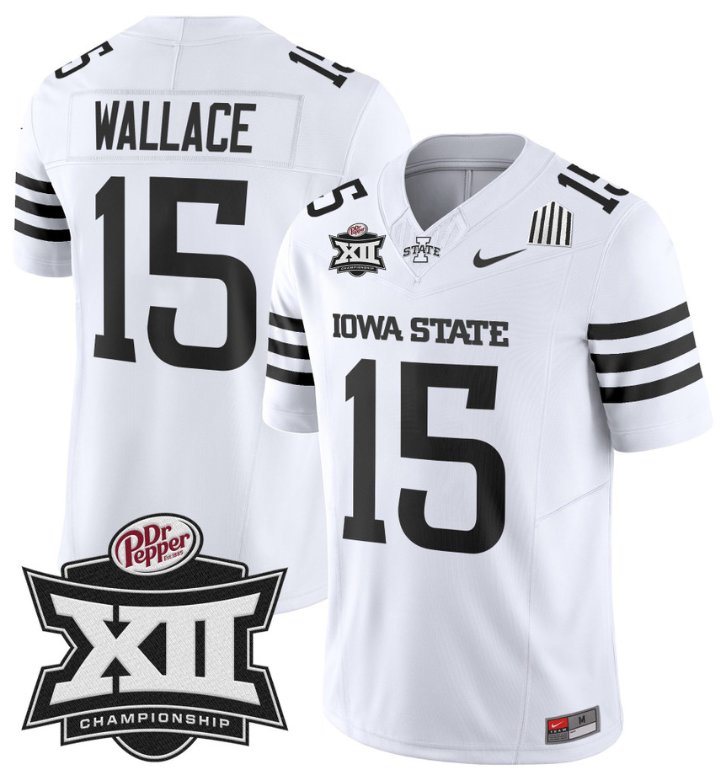 Men's Nike Seneca Wallace Jersey #15 Iowa State 2024 Championship Patch Vapor White Limited