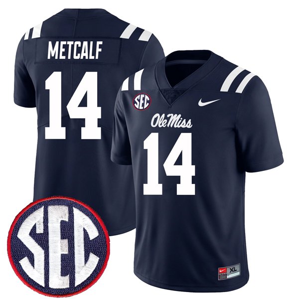 Men's Nike DK Metcalf Jersey Navy Home #14 Ole Miss Rebels College Football All Stitched