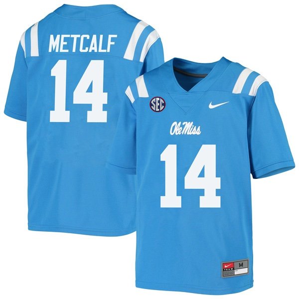 Men's Nike DK Metcalf Jersey Powder Blue #14 Ole Miss Rebels College Football Stiched