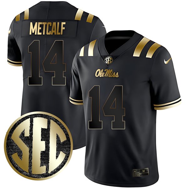 Men's Nike DK Metcalf Jersey Black Gold #14 Ole Miss Rebels College Football All Stitched