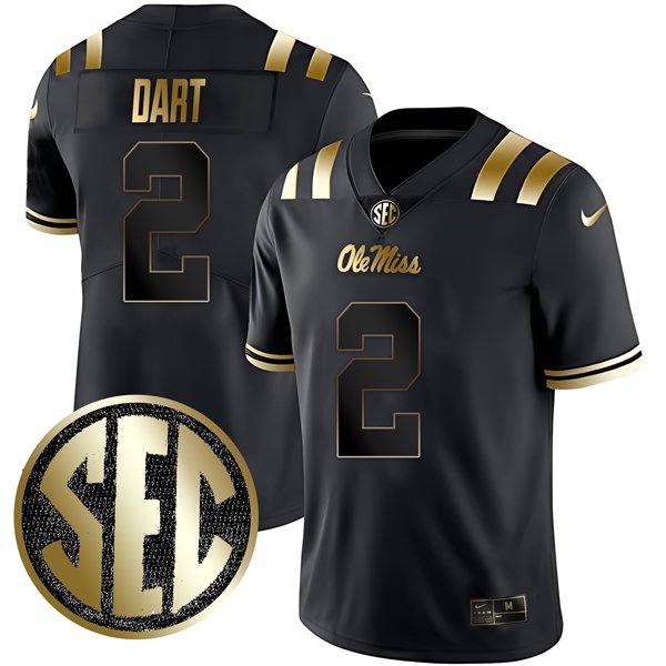 Men's Nike Jaxson Dart Jersey #2 Ole Miss Rebels College Football Black Gold All Stitched