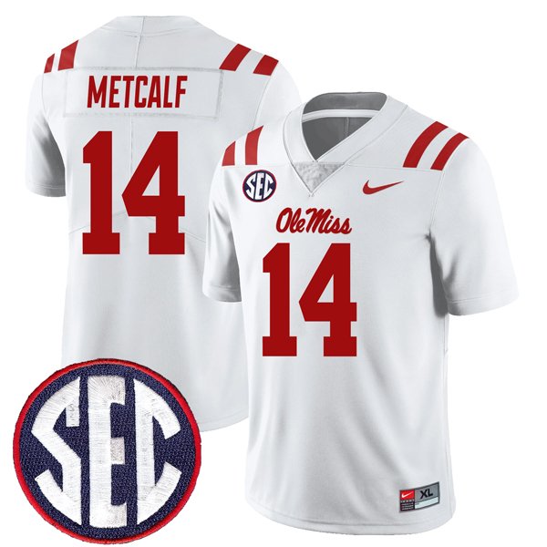 Men's Nike DK Metcalf Jersey White #14 Ole Miss Rebels College Football Away All Stitched