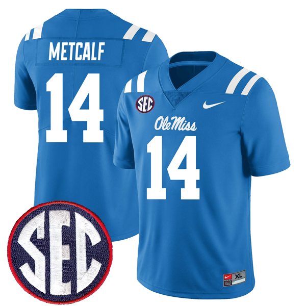 Men's Nike DK Metcalf Jersey Powder Blue Alternate #14 Ole Miss Rebels College Football All Stitched