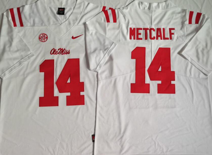 Men's Nike Ole Miss Rebels #14 DK Metcalf Jersey White Vapor Limited College Football Stitched