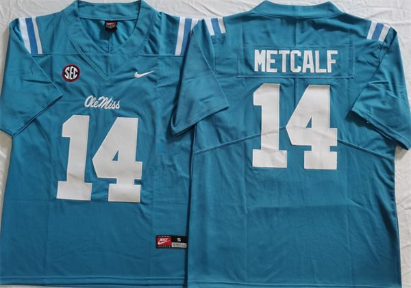 Men's Nike Ole Miss Rebels #14 Dk Metcalf Jersey Light Blue Vapor Limited College Football Stitched