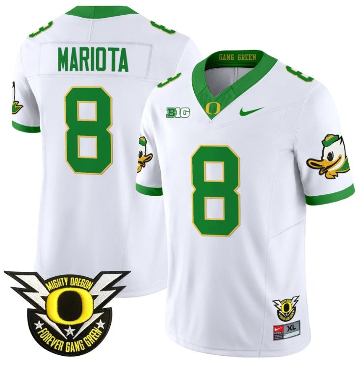 Men's Nike Marcus Mariota Jersey #8 Oregon Duck Forever Gang Green Football White