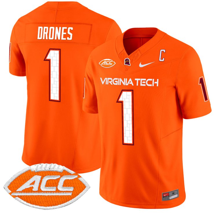 Men's Nike Kyron Drones Jersey #1 Virginia Tech Hokies Vapor Limited College Football Orange