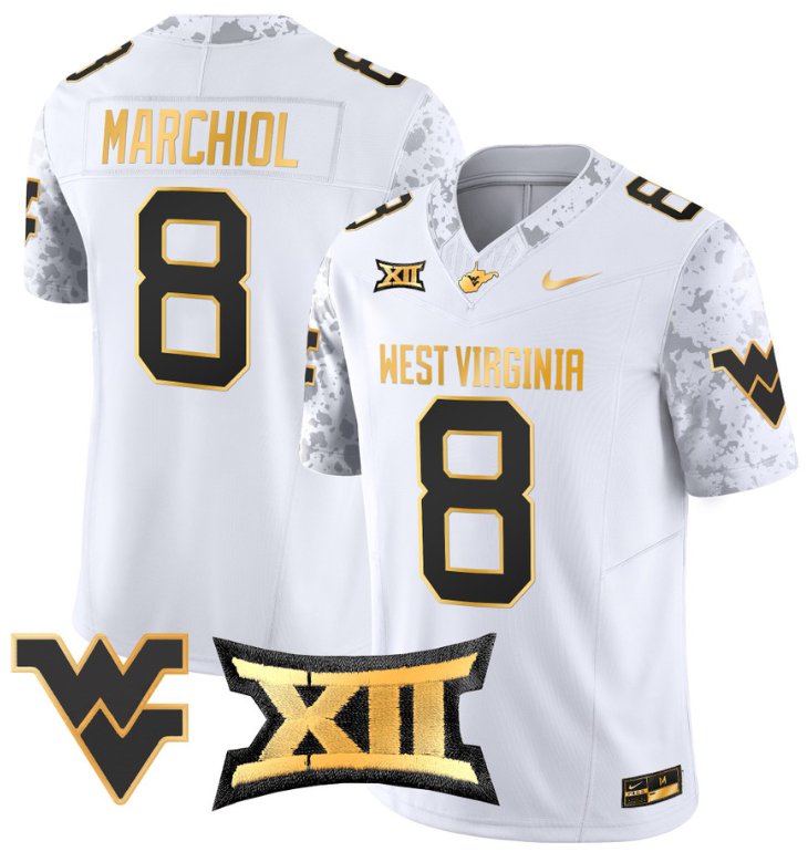 Men's Nike Nicco Marchiol Jersey #8 West Virginia Mountaineers Gold Vapor Football White Gold