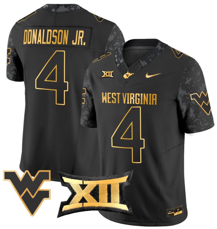 Men's Nike CJ Donaldson Jr Jersey #4 West Virginia Mountaineers Gold Vapor Football Black Gold