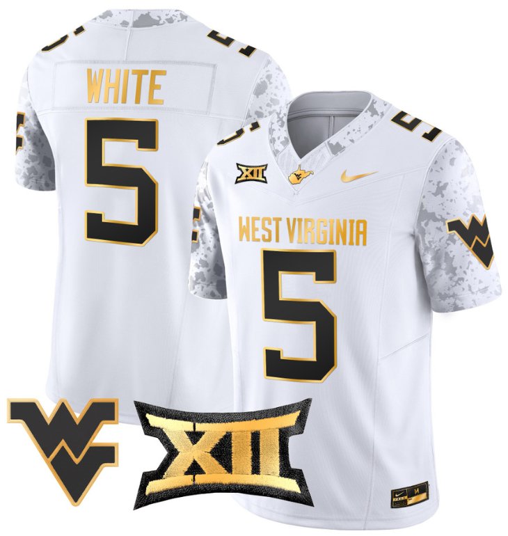 Men's Nike Pat White Jersey #5 West Virginia Mountaineers Gold Vapor Football White Gold