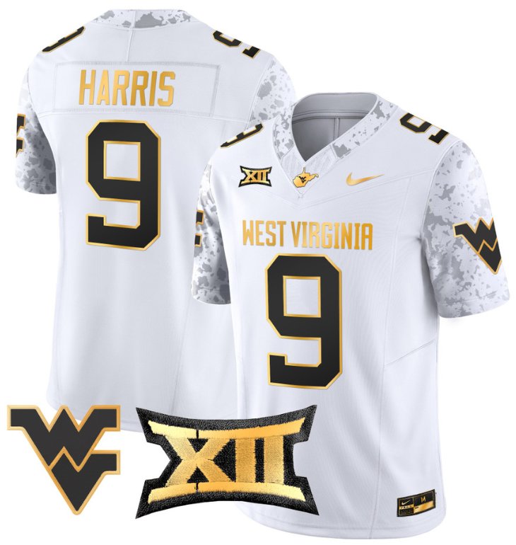 Men's Nike Major Harris Jersey #9 West Virginia Mountaineers Gold Vapor Football White Gold