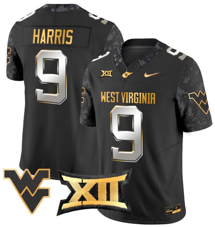 Men's Nike Major Harris Jersey #9 West Virginia Mountaineers Gold Vapor Football Black Limited