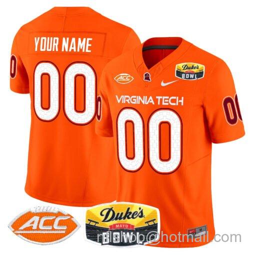 Men's Nike Custom Virginia Tech Hokies Jersey 2025 Duke’s Mayo Bowl Patch Vapor Orange