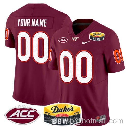 Men's Nike Custom Virginia Tech Hokies Jersey 2025 Duke’s Mayo Bowl Patch Vapor Maroon