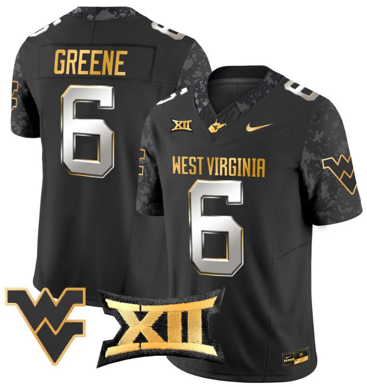 Men's Nike Garrett Greene Jersey #6 West Virginia Mountaineers Gold Vapor Football Black Limited