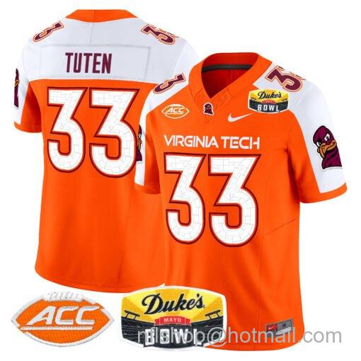 Men's Nike Bhayshul Tuten Jersey #33 Virginia Tech Hokies 2025 Duke’s Mayo Bowl Patch Orange Alternate