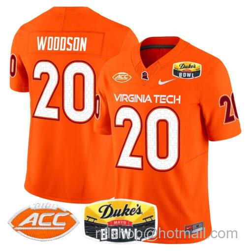 Men's Nike Caleb Woodson Jersey #20 Virginia Tech Hokies 2025 Duke’s Mayo Bowl Patch Orange Alternate