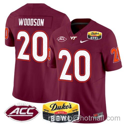 Men's Nike Caleb Woodson Jersey #20 Virginia Tech Hokies 2025 Duke’s Mayo Bowl Patch Maroon