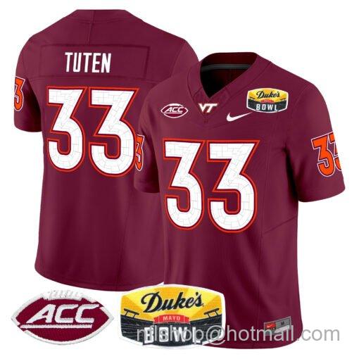 Men's Nike Bhayshul Tuten Jersey #33 Virginia Tech Hokies 2025 Duke’s Mayo Bowl Patch Maroon