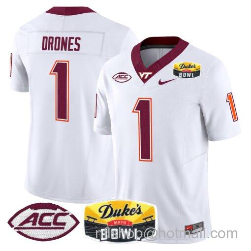 Men's Nike Kyron Drones Jersey #1 Virginia Tech Hokies 2025 Duke’s Mayo Bowl Patch White