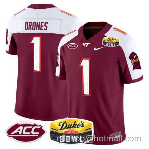 Men's Nike Kyron Drones Jersey #1 Virginia Tech Hokies 2025 Duke’s Mayo Bowl Patch Maroon Alternate