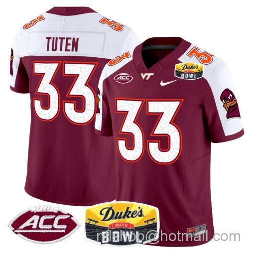 Men's Nike Bhayshul Tuten Jersey #33 Virginia Tech Hokies 2025 Duke’s Mayo Bowl Patch Maroon Alternate