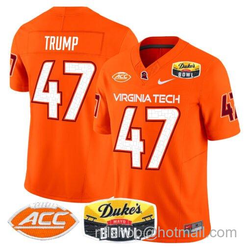 Men's Nike Donald Trump Jersey #47 Virginia Tech Hokies 2025 Duke’s Mayo Bowl Patch Orange