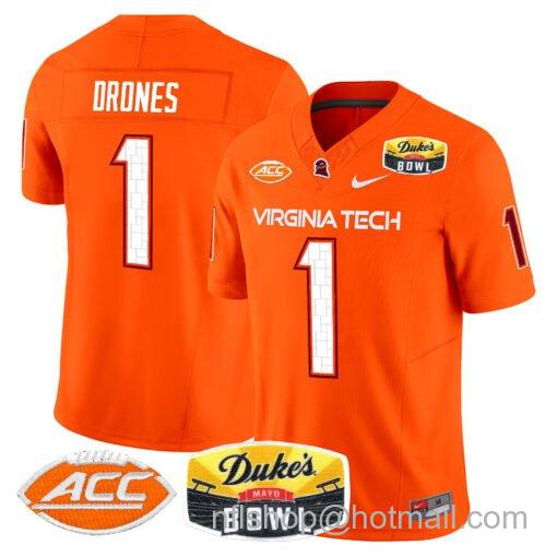 Men's Nike Kyron Drones Jersey #1 Virginia Tech Hokies 2025 Duke’s Mayo Bowl Patch Orange