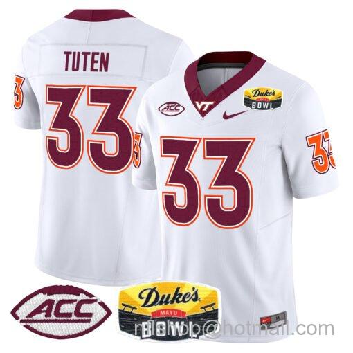 Men's Nike Bhayshul Tuten Jersey #33 Virginia Tech Hokies 2025 Duke’s Mayo Bowl Patch White