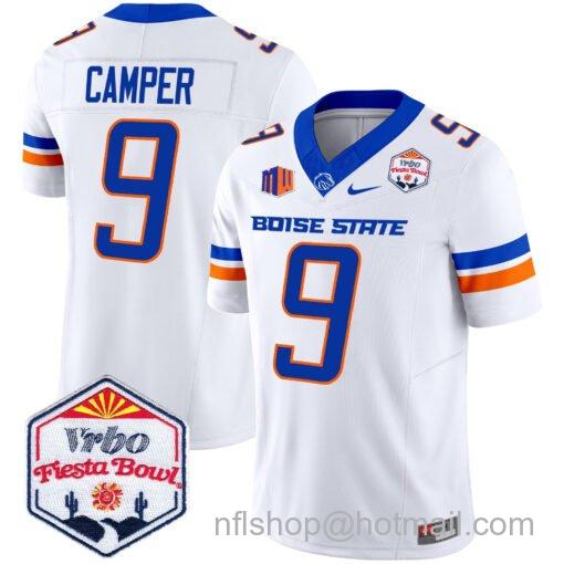 Men's Nike Cameron Camper Jersey #9 Boise State Broncos 2025 Fiesta Bowl Patch Vapor White