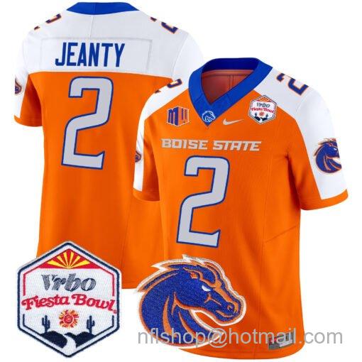 Men's Nike Ashton Jeanty Jersey #2 Boise State Broncos 2025 Fiesta Bowl Patch Vapor Orange