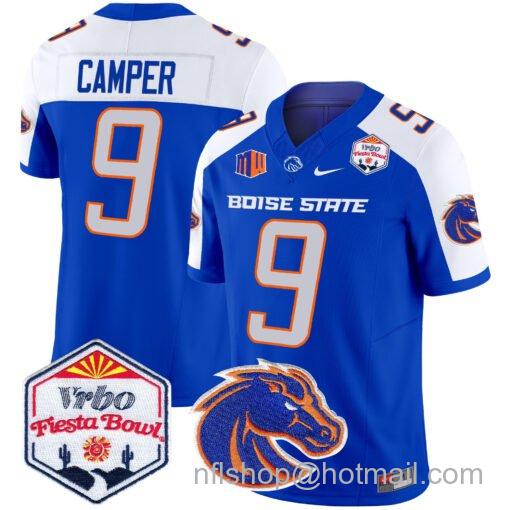 Men's Nike Cameron Camper Jersey #9 Boise State Broncos 2025 Fiesta Bowl Patch Vapor Royal