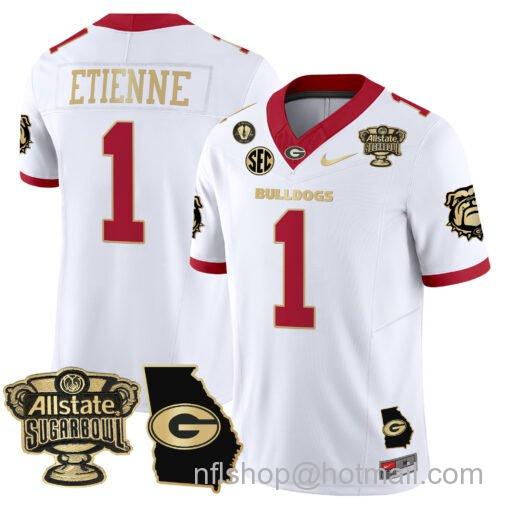 Men's Nike Trevor Etienne Jersey #1 Georgia Bulldogs 2025 Sugar Bowl Patch Vapor White Gold Trim