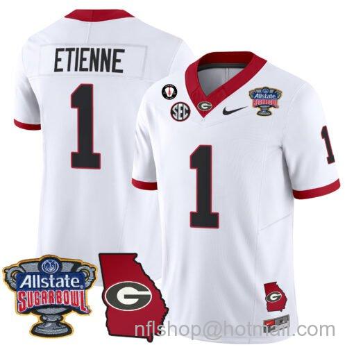 Men's Nike Trevor Etienne Jersey #1 Georgia Bulldogs 2025 Sugar Bowl Patch Vapor White