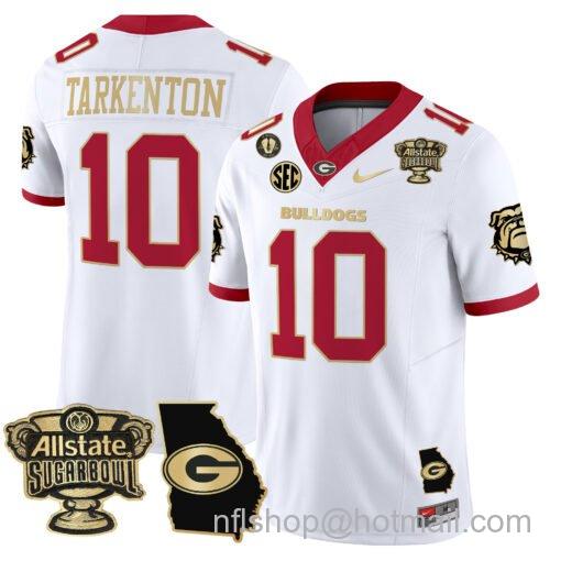 Men's Nike Fran Tarkenton Jersey #10 Georgia Bulldogs 2025 Sugar Bowl Patch Vapor White Gold Trim