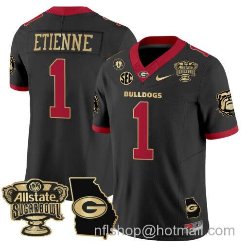 Men's Nike Trevor Etienne Jersey #1 Georgia Bulldogs 2025 Sugar Bowl Patch Vapor Black Gold Trim