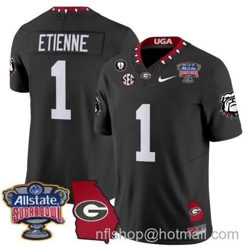 Men's Nike Trevor Etienne Jersey #1 Georgia Bulldogs 2025 Sugar Bowl Patch Vapor Black