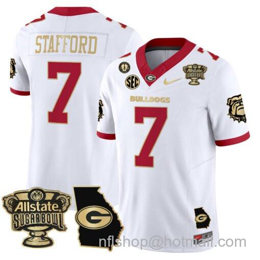 Men's Nike Matthew Stafford Jersey #7 Georgia Bulldogs 2025 Sugar Bowl Patch Vapor White Gold Trim