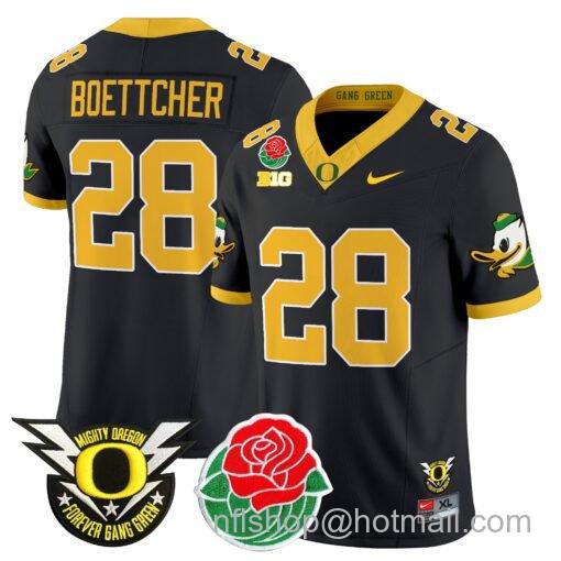 Men's Nike Bryce Boettcher Jersey #28 Oregon Ducks 2025 Rose Bowl Game Patch Vapor Black