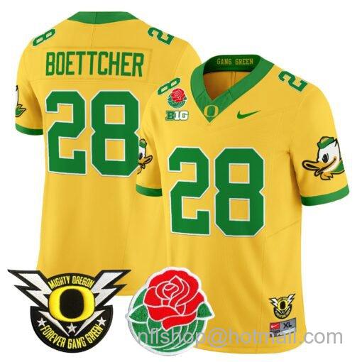 Men's Nike Bryce Boettcher Jersey #28 Oregon Ducks 2025 Rose Bowl Game Patch Vapor Gold