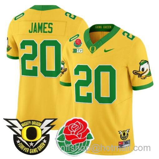 Men's Nike Jordan James Jersey #20 Oregon Ducks 2025 Rose Bowl Game Patch Vapor Gold