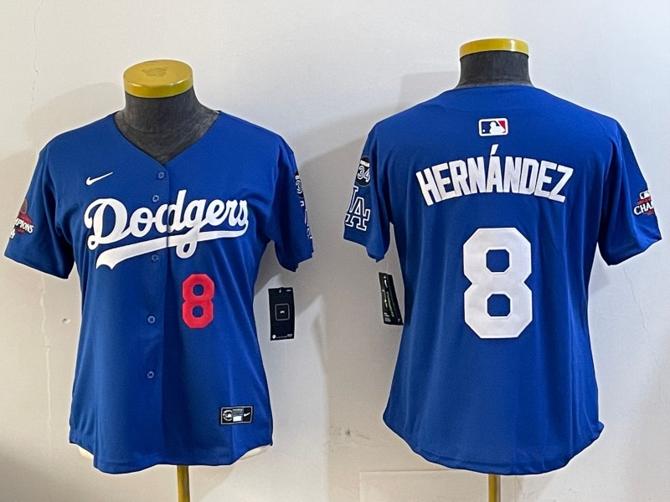 Women's Los Angeles Dodgers #8 Enrique Hernandez Royal 2024 World Series Champions With Fernando Memorial Patch Alternate Limited Stitched Baseball Jersey