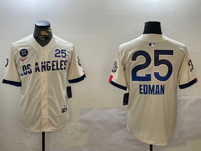 Men's Los Angeles Dodgers #25 Tommy Edman Cream 2024 World Series With Fernando Memorial Patch City Connect Limited Stitched Baseball Jersey