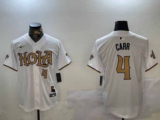 Men's New Orleans Saints #4 Derek Carr White With Louisiana State Map Patch Cool Base Stitched Baseball Jersey