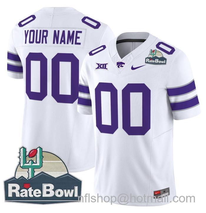 Men's Nike Custom Kansas State Wildcats Jersey 2025 Rate Bowl Patch Football White