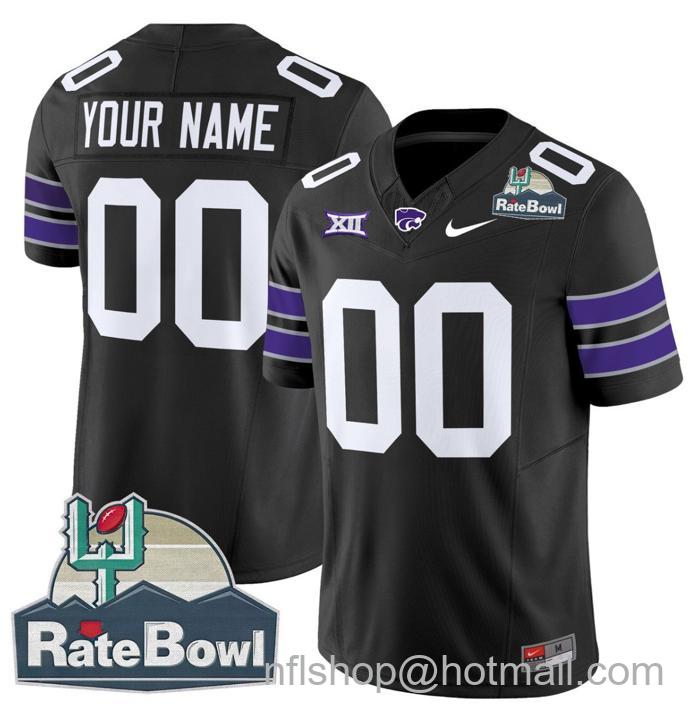 Men's Nike Custom Kansas State Wildcats Jersey 2025 Rate Bowl Patch Football Black